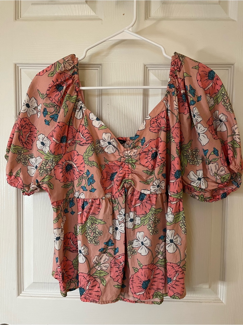 Versona Coral Floral Puff-Sleeve Babydoll Blouse Y2K Inspired - Picture 8 of 8